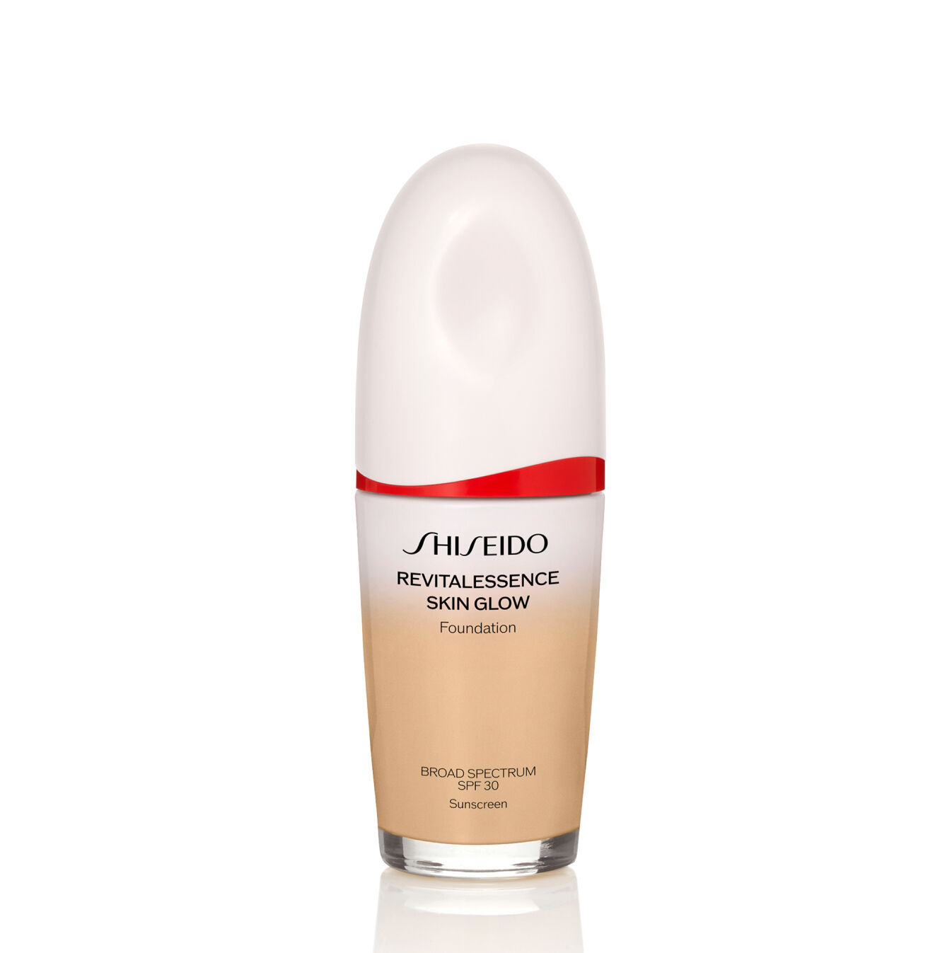 Frasco ovalado de Shiseido Revitalessence Skin Glow Foundation SPF 30 en el tono 330 Bamboo. La etiqueta de la botella es blanca con un detalle en rojo. El texto de la etiqueta indica el nombre del producto y su factor de protección solar.