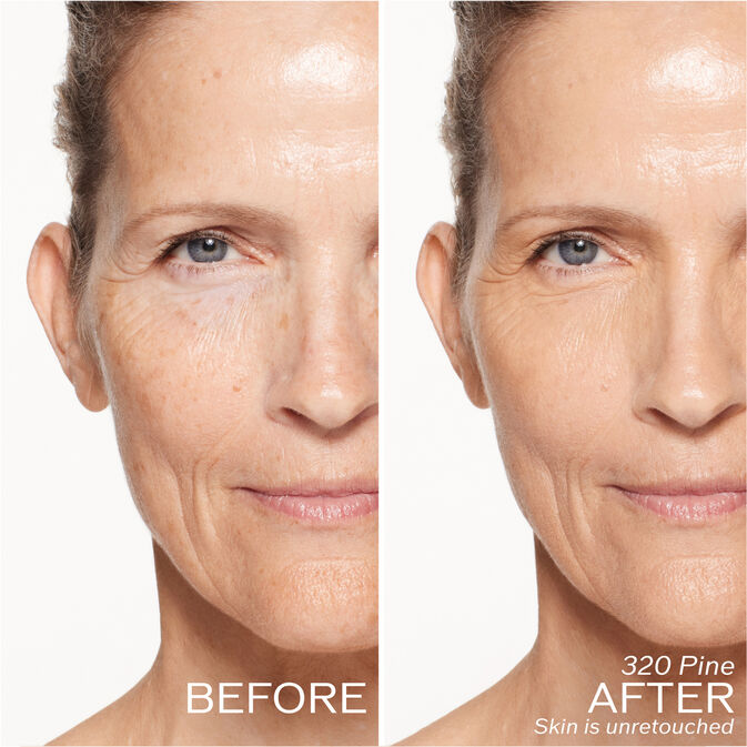 Two photos of a model. The first is a before shot, and the second is after using 320 Pine Skin is unretouched.