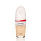 An oval-shaped bottle of Shiseido Revitalessence Skin Glow Foundation SPF 30 in shade 140 Porcelain. The label on the bottle is white with a red accent. The text on the label reads the product’s title, and its sunscreen protection.