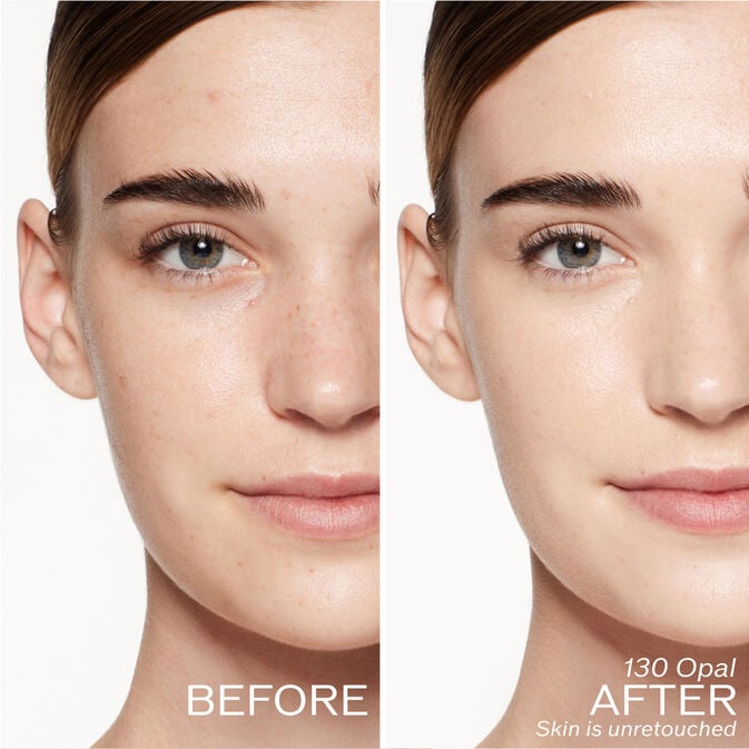 Two photos of a model. The first is a before shot, and the second is after using 130 Opal Skin is unretouched.
