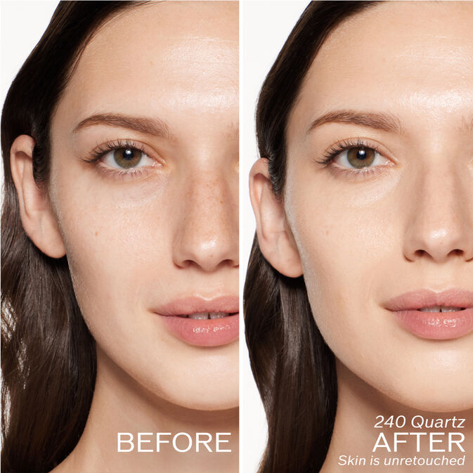 Two photos of a model. The first is a before shot, and the second is after using 240 Quartz Skin is unretouched.