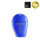 A  closed, blue bottle of Shiseido Ultimate Sun Protector Lotion 50mL, labeled with the Shiseido logo, el nombre del producto,and the SPF level (60+). The label also indicates that the product is broad spectrum and water resistant for up to 80 minutes.