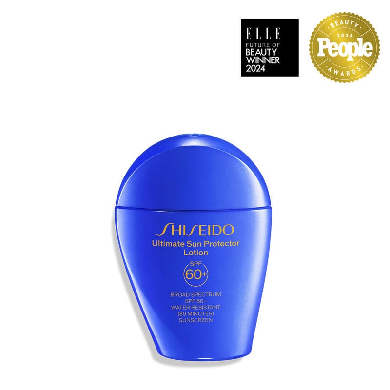 A  closed, blue bottle of Shiseido Ultimate Sun Protector Lotion 50mL, labeled with the Shiseido logo, el nombre del producto,and the SPF level (60+). The label also indicates that the product is broad spectrum and water resistant for up to 80 minutes.