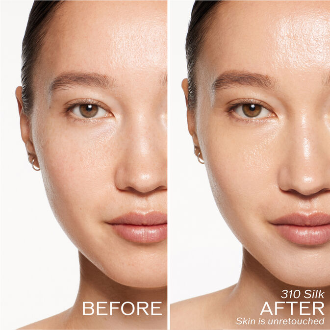 Two photos of a model. The first is a before shot, and the second is after using 310 Silk Skin is unretouched.