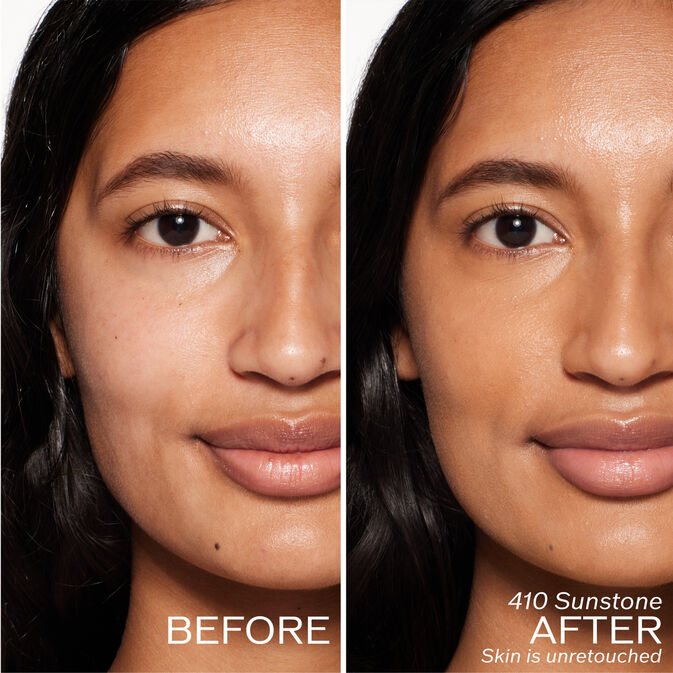 Two photos of a model. The first is a before shot, and the second is after using 410 Sunstone Skin is unretouched.