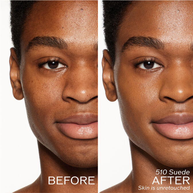 Two photos of a model. The first is a before shot, and the second is after using 510 Suede Skin is unretouched.