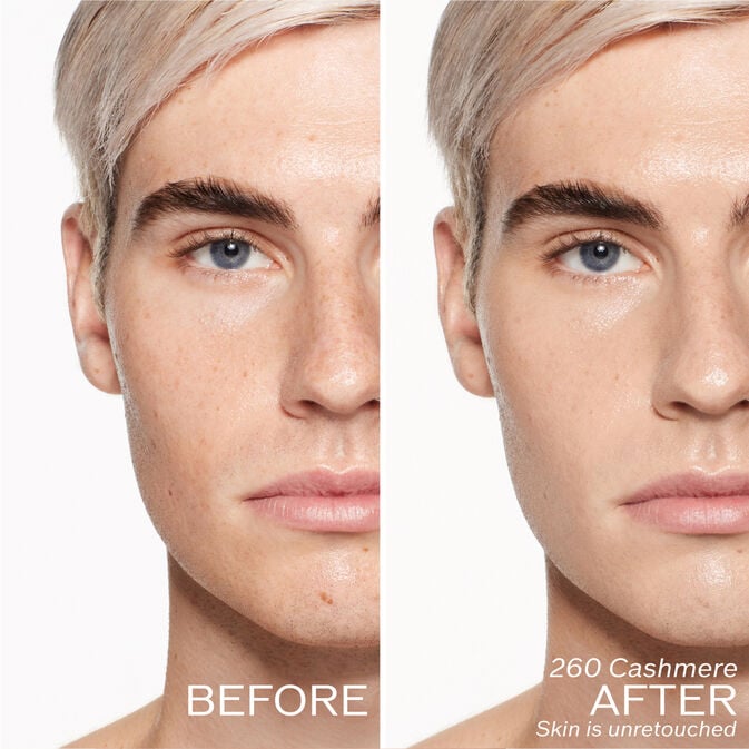Two photos of a model. The first is a before shot, and the second is after using 260 Cashmere Skin is unretouched.