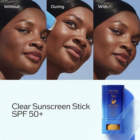"A closed, bright blue, cylindrical stick of the Shiseido Clear Sunscreen Stick SPF 50+, as well as details about the sunscreen's SPF, protection, and water resistance. "