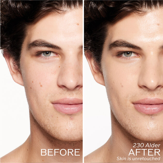 Two photos of a model. The first is a before shot, and the second is after using 230 Alder Skin is unretouched.