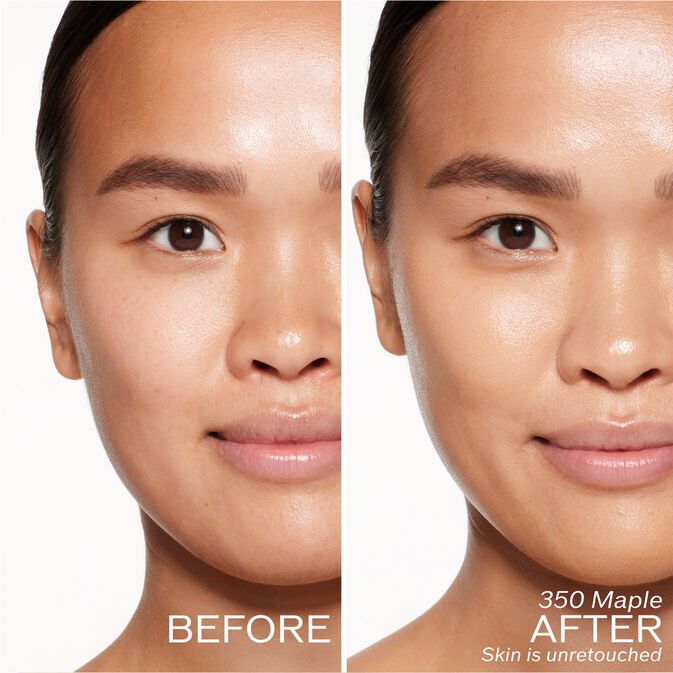 Two photos of a model. The first is a before shot, and the second is after using 350 Maple Skin is unretouched.