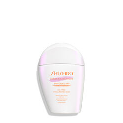 A  closed,rounded white bottle of Shiseido Urban Environment Oil-Free Sunscreen SPF 42 30mL against a white background. The label includes the product name, as well as describing that it is oil-free, contains hyaluronic acid, is a broad spectrum product,and is water resistant up to 40 minutes. The image also states that this product is recommended for daily use by the Skin Cancer Foundation, and it is also a US Winner for Marie Claire’s Prix D’Excellence De La Beauté 2023.