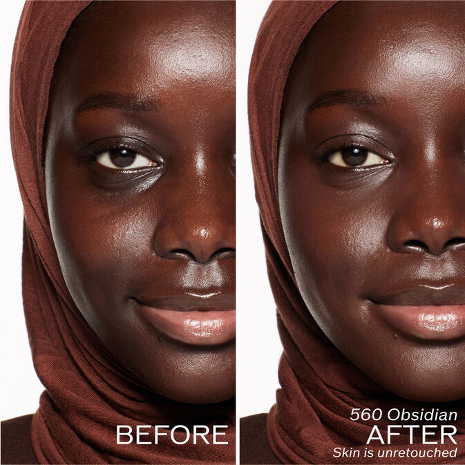 Two photos of a model. The first is a before shot, and the second is after using 560 Obsidian Skin is unretouched.