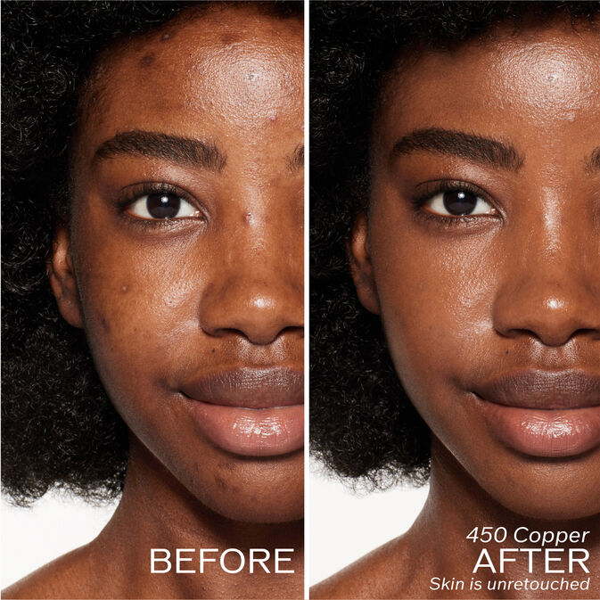 Two photos of a model. The first is a before shot, and the second is after using 450 Copper Skin is unretouched.