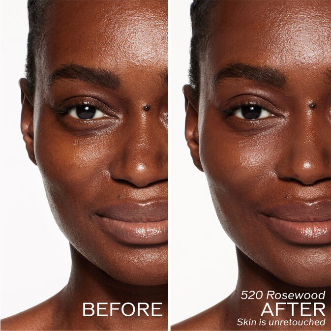 Two photos of a model. The first is a before shot, and the second is after using 520 Rosewood Skin is unretouched.