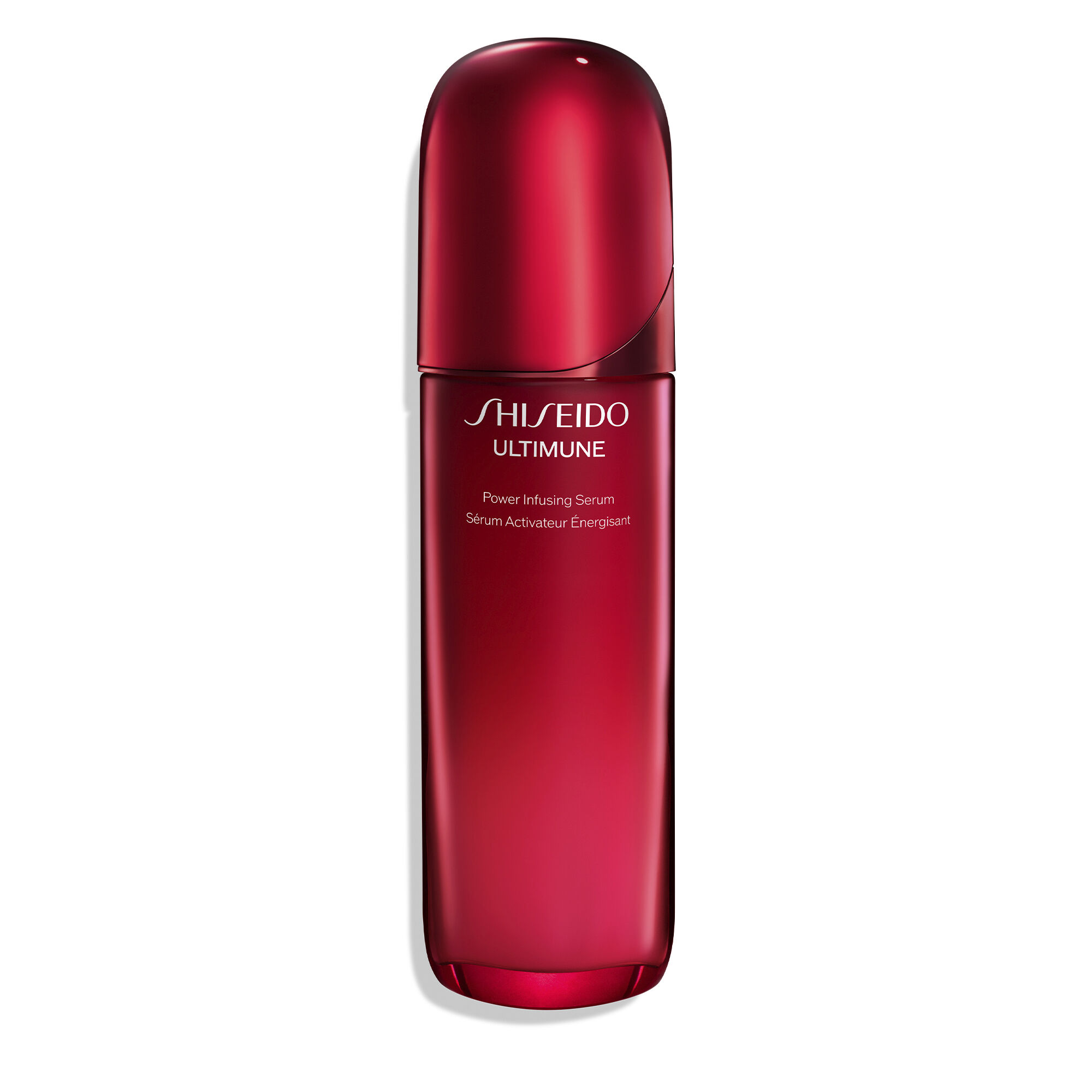 Shiseido Ultimune Power Infusing Serum in a glossy, vibrant red bottle with a pump dispenser.