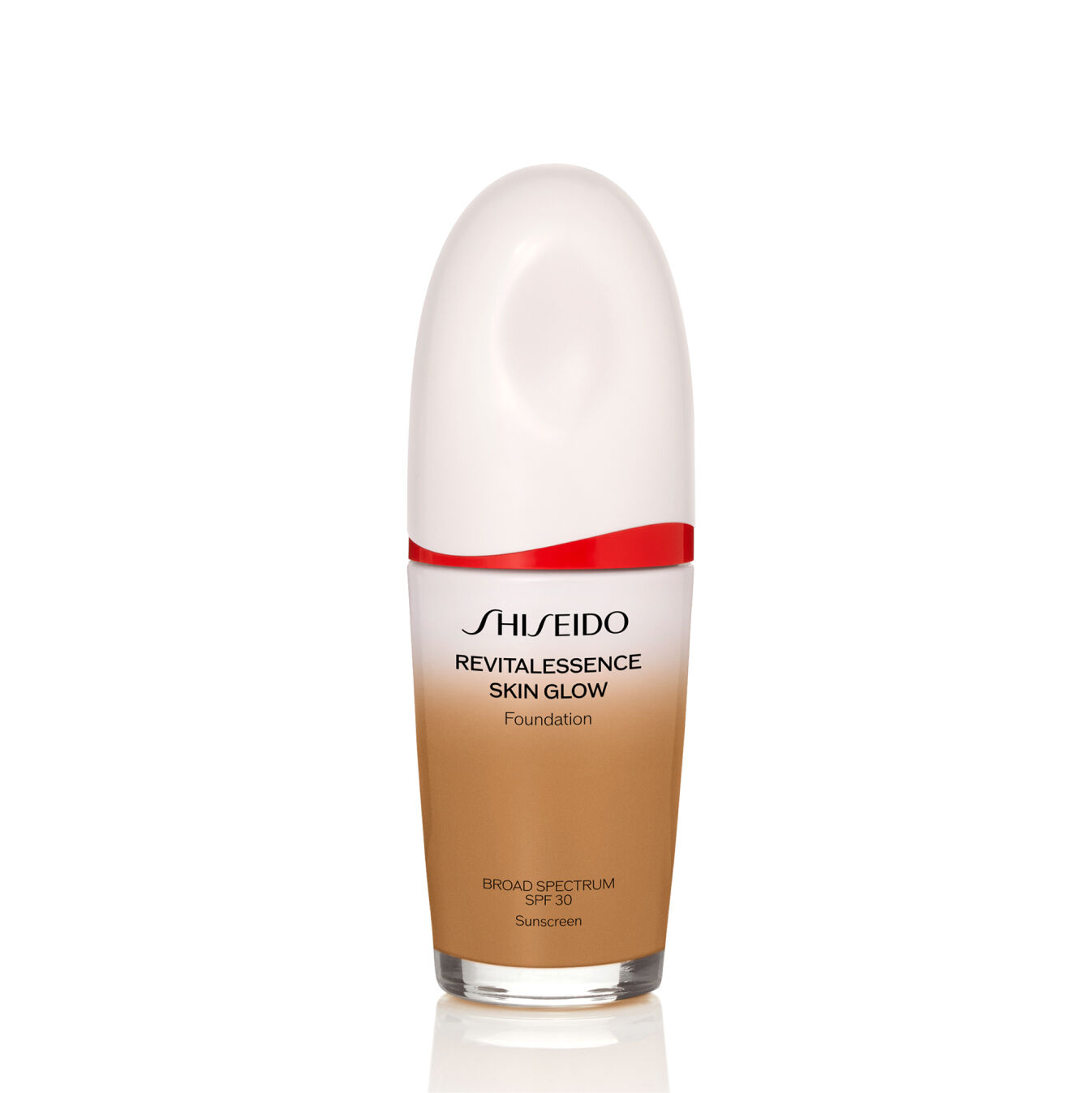 "Frasco ovalado de Shiseido Revitalessence Skin Glow Foundation SPF 30 en el tono 360 Citrine. La etiqueta de la botella es blanca con un detalle en rojo. El texto de la etiqueta indica el nombre del producto y su factor de protección solar".