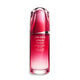 A red, cylindrical bottle of Shiseido Ultimune Power Infusing Serum. The text on the bottle says the title in both English and French, and it indicates that the formula contains “ImuGenerationRED Technology.”