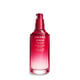 A red, open cylindrical bottle of Shiseido Ultimune Power Infusing Serum, without the cap,revealing the pump dispenser. The text on the bottle says the title in both English and French, and it indicates that the formula contains “ImuGenerationRED Technology.”