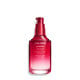 A red, open cylindrical bottle of Shiseido Ultimune Power Infusing Serum, without the cap,revealing the pump dispenser. The text on the bottle says the title in both English and French, and it indicates that the formula contains “ImuGenerationRED Technology.”