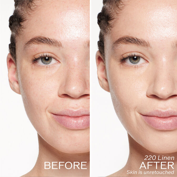 Two photos of a model. The first is a before shot, and the second is after using 220 Linen Skin is unretouched.