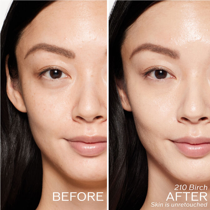 Two photos of a model. The first is a before shot, and the second is after using 210 Birch Skin is unretouched.