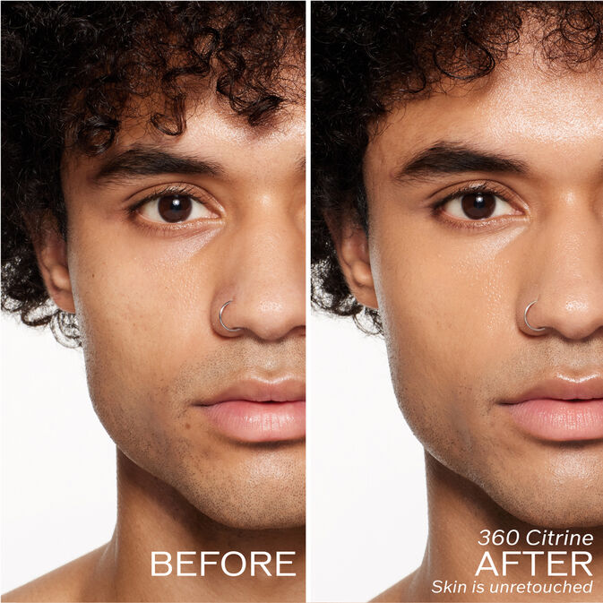 Two photos of a model. The first is a before shot, and the second is after using 360 Citrine Skin is unretouched.