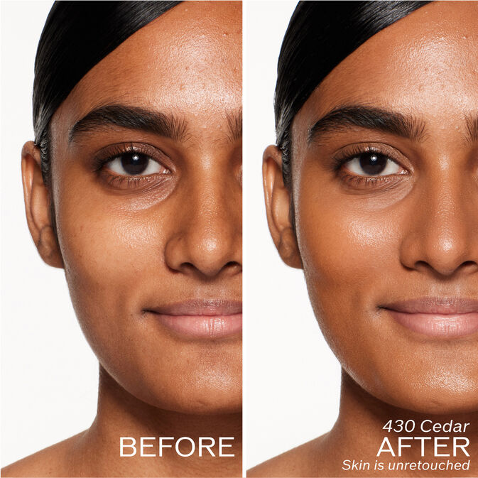 Two photos of a model. The first is a before shot, and the second is after using 430 Cedar Skin is unretouched.