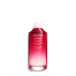 A red, cylindrical bottle of Shiseido Ultimune Power Infusing Serum. The text on the bottle says the title in both English and French, and it indicates that the formula contains “ImuGenerationRED Technology.” 