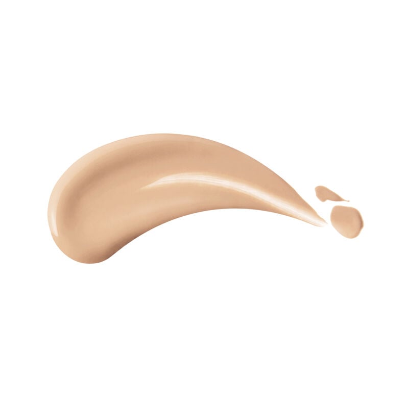 A swatch of the Shiseido Revitalessence Skin Glow Foundation SPF 30 in shade 240 Quartz – a balanced tone for light-medium skin – against a white background, showing the product’s serum-like texture that weightlessly glides into skin for a glowing makeup finish.
