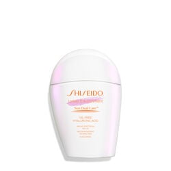 A  closed,rounded white bottle of Shiseido Urban Environment Oil-Free Sunscreen SPF 42 50mL against a white background. The label includes the product name, as well as describing that it is oil-free, contains hyaluronic acid, is a broad spectrum product,and is water resistant up to 40 minutes. The image also states that this product is recommended for daily use by the Skin Cancer Foundation, and it is also a US Winner for Marie Claire’s Prix D’Excellence De La Beauté 2023.