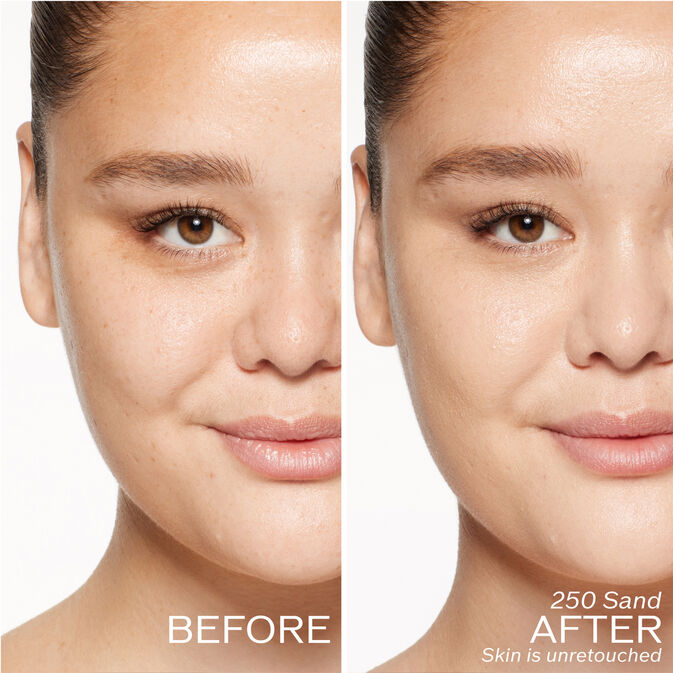 Two photos of a model. The first is a before shot, and the second is after using 250 Sand Skin is unretouched.
