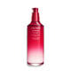 A red, open cylindrical bottle of Shiseido Ultimune Power Infusing Serum, without the cap,revealing the pump dispenser. The text on the bottle says the title in both English and French, and it indicates that the formula contains “ImuGenerationRED Technology.”