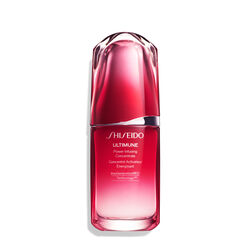 A red, cylindrical bottle of Shiseido Ultimune Power Infusing Serum. The text on the bottle says the title in both English and French, and it indicates that the formula contains “ImuGenerationRED Technology.” 