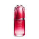 A red, cylindrical bottle of Shiseido Ultimune Power Infusing Serum. The text on the bottle says the title in both English and French, and it indicates that the formula contains “ImuGenerationRED Technology.”