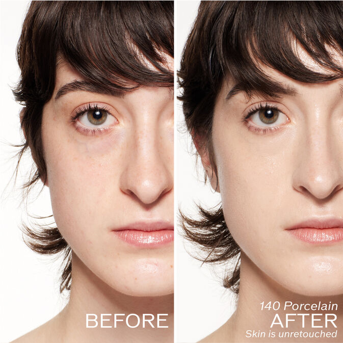 Two photos of a model. The first is a before shot, and the second is after using 140 Porcelain Skin is unretouched.