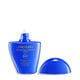 An open blue bottle of Shiseido Ultimate Sun Protector Lotion 300mL, labeled with the Shiseido logo, el nombre del producto,and the SPF level (60+). The label also indicates that the product is broad spectrum and water resistant for up to 80 minutes.