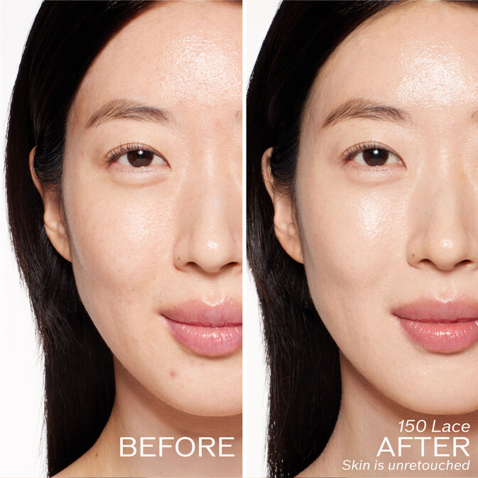 Two photos of a model. The first is a before shot, and the second is after using 150 Lace Skin is unretouched.
