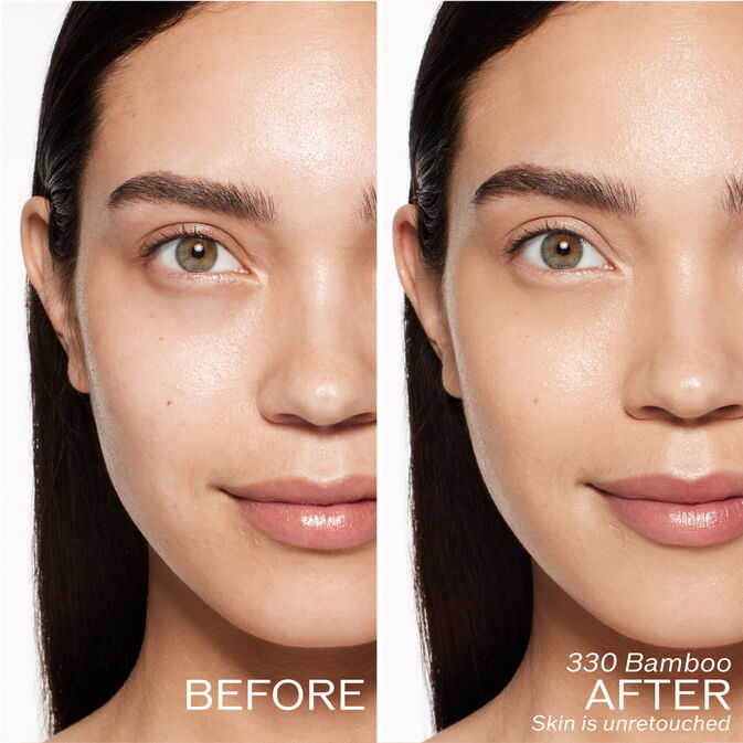 Two photos of a model. The first is a before shot, and the second is after using 330 Bamboo Skin is unretouched.