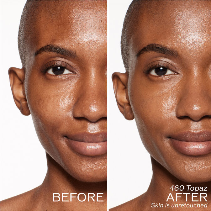 Two photos of a model. The first is a before shot, and the second is after using 460 Topaz Skin is unretouched.
