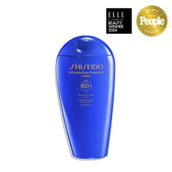 A closed, blue bottle of Shiseido Ultimate Sun Protector Lotion 300mL, labeled with the Shiseido logo, product name, and the SPF level (60+). The label also indicates that the product is broad spectrum and water resistant for up to 80 minutes. 