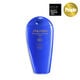 A closed, blue bottle of Shiseido Ultimate Sun Protector Lotion 300mL, labeled with the Shiseido logo, el nombre del producto,and the SPF level (60+). The label also indicates that the product is broad spectrum and water resistant for up to 80 minutes.