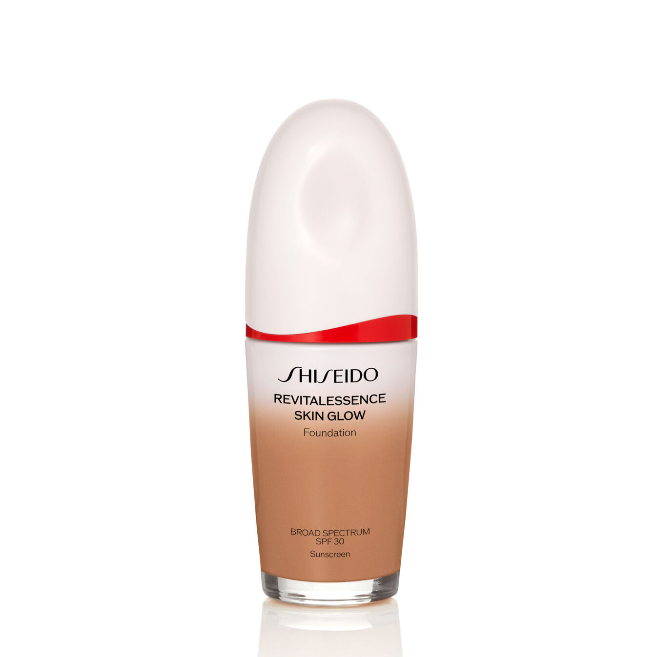 Frasco ovalado de Shiseido Revitalessence Skin Glow Foundation SPF 30 en el tono 410 Sunstone. La etiqueta de la botella es blanca con un detalle en rojo. El texto de la etiqueta indica el nombre del producto y su factor de protección solar.