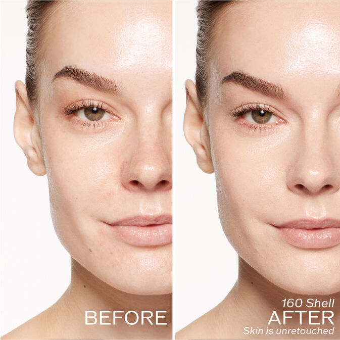 Two photos of a model. The first is a before shot, and the second is after using 160 Shell Skin is unretouched.