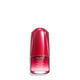 A red, cylindrical bottle of Shiseido Ultimune Power Infusing Serum. The text on the bottle says the title in both English and French, and it indicates that the formula contains “ImuGenerationRED Technology.”