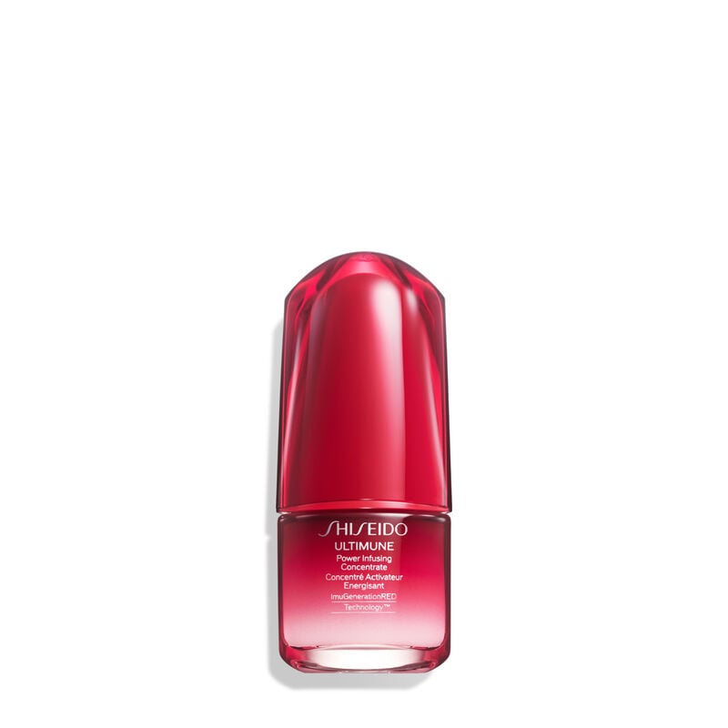 A red, cylindrical bottle of Shiseido Ultimune Power Infusing Serum. The text on the bottle says the title in both English and French, and it indicates that the formula contains “ImuGenerationRED Technology.”