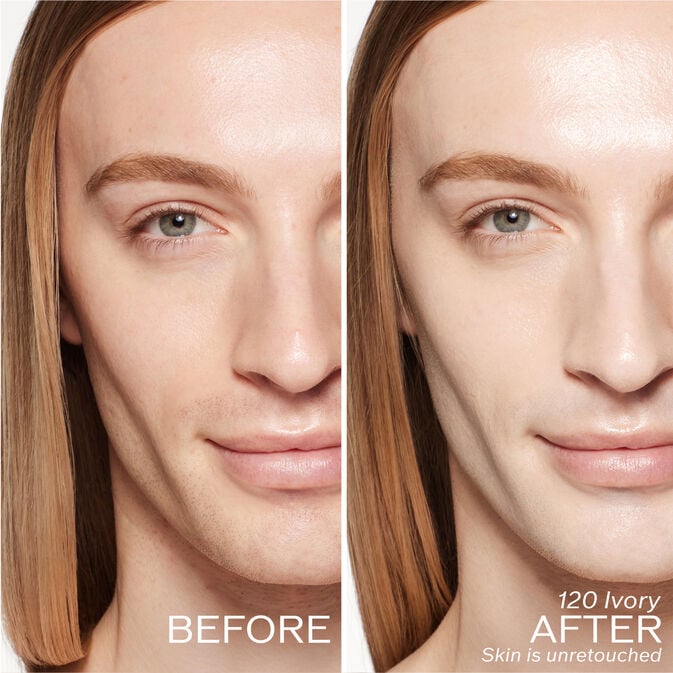 Two photos of a model. The first is a before shot, and the second is after using 120 Ivory Skin is unretouched.