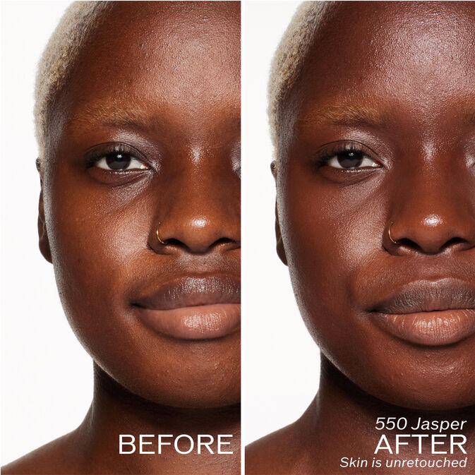 Two photos of a model. The first is a before shot, and the second is after using 550 Jasper Skin is unretouched.