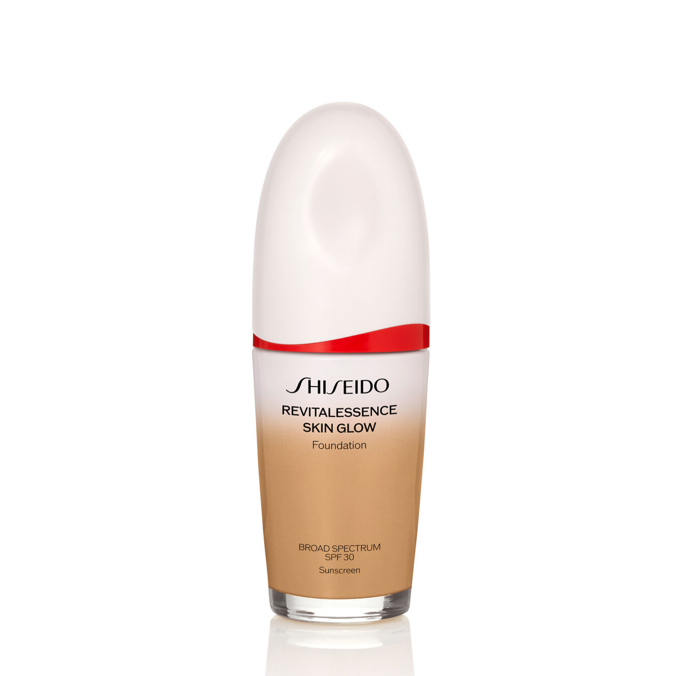 Frasco ovalado de Shiseido Revitalessence Skin Glow Foundation SPF 30 en el tono 350 Maple. La etiqueta del frasco es blanca con un detalle en rojo. El texto de la etiqueta indica el nombre del producto y su factor de protección solar".