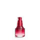 A red, open cylindrical bottle of Shiseido Ultimune Power Infusing Serum, without the cap,revealing the pump dispenser. The text on the bottle says the title in both English and French, and it indicates that the formula contains “ImuGenerationRED Technology.”