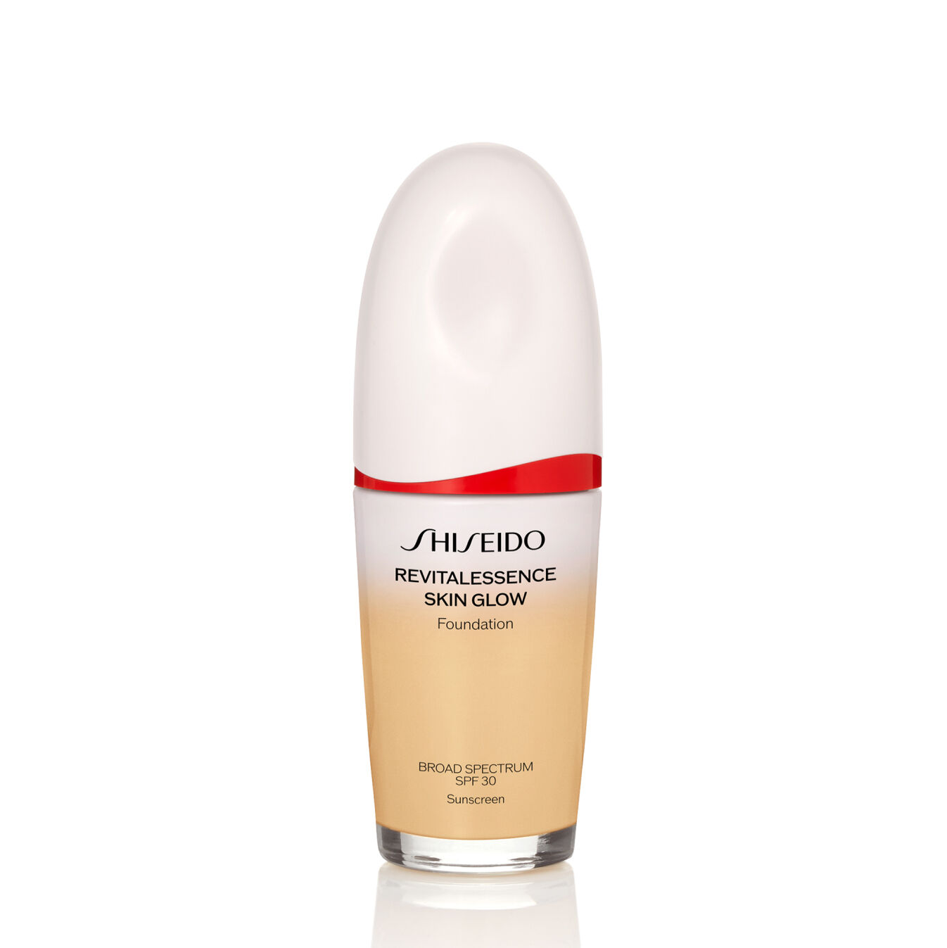 Frasco ovalado de Shiseido Revitalessence Skin Glow Foundation SPF 30 en el tono 250 Sand. La etiqueta del frasco es blanca con un detalle en rojo. El texto de la etiqueta indica el nombre del producto y su factor de protección solar.